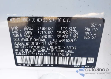 2021 Honda Hr-V Awd Sport z USA, uszkodzony, nr VIN 3CZRU6H17MM727533